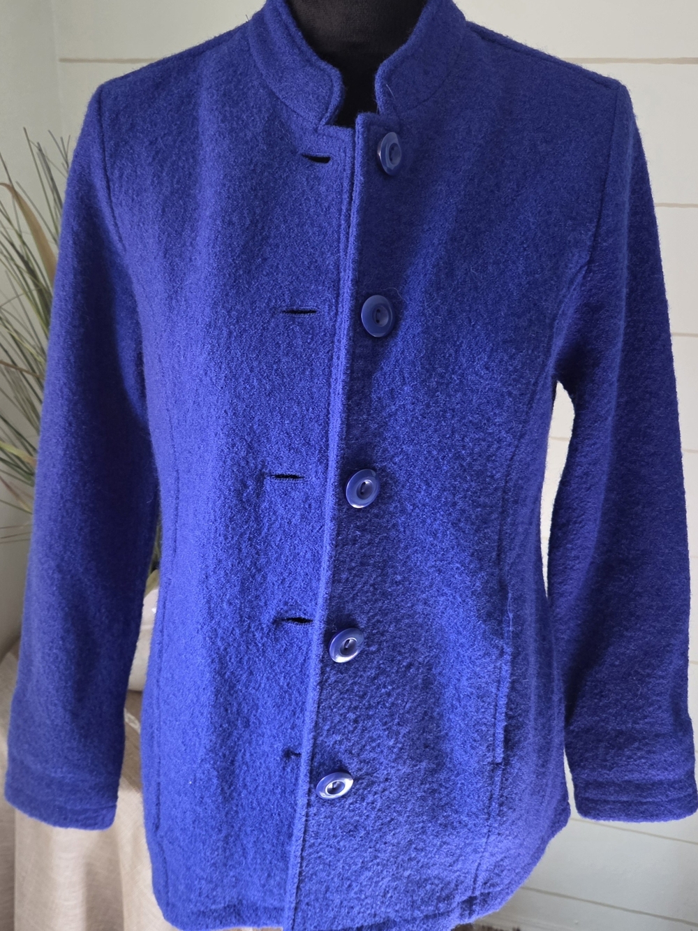 Vintage Appleseeds Royal Cobalt Blue 100 percent Boiled Wool Stand Collar Button